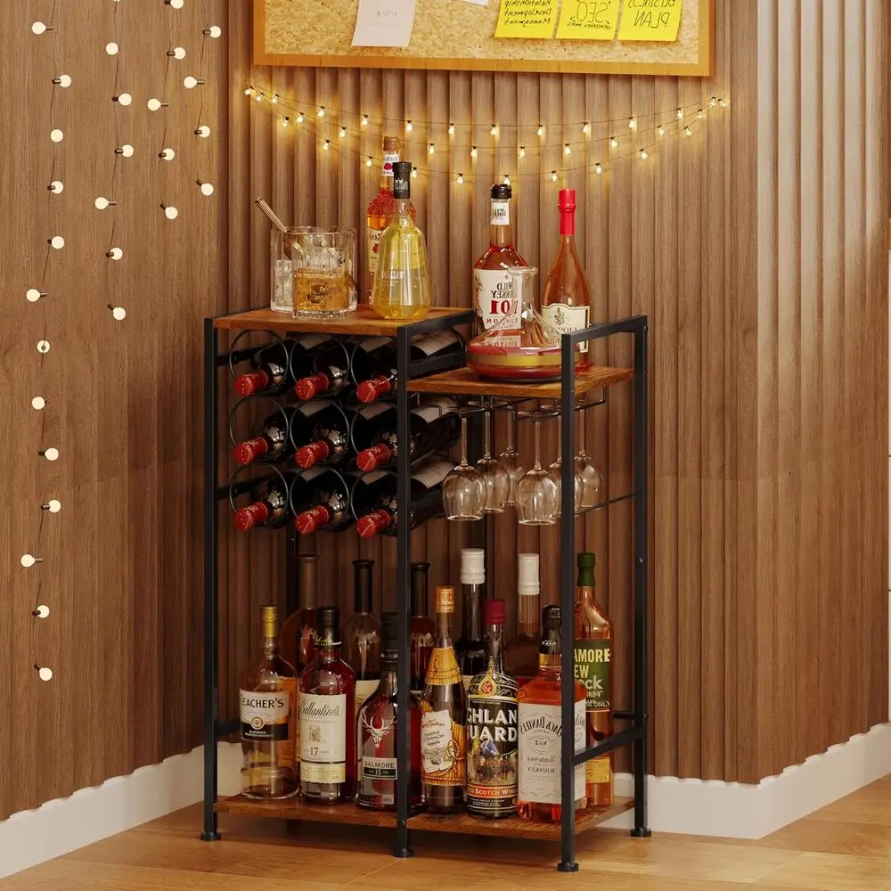 9-Bottle Capacity Home Bar Cabinet, Freestanding Wine Rack with Glass Holder and Fences, Large Corner Liquor Display