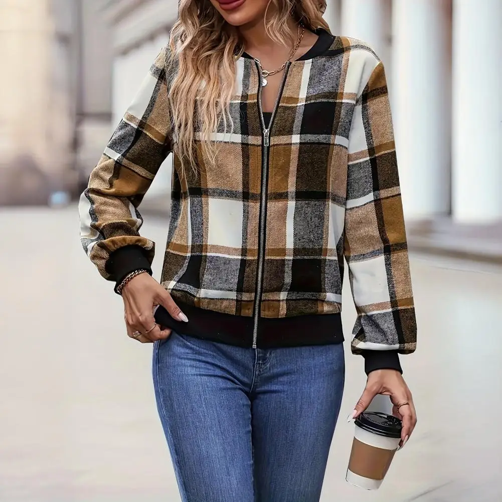 

Женская куртка Стильная женская куртка в клетку с воротником-стойкой на молнии Пальто в рубчик для повседневного ношения Короткое пальто