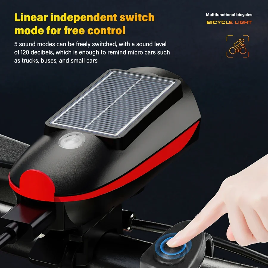 Solar Power Bike Light Waterproof Bicycle Headlight With 120 Decibel Horn High Brightness 80 Meters Visible Floodlight Range USB