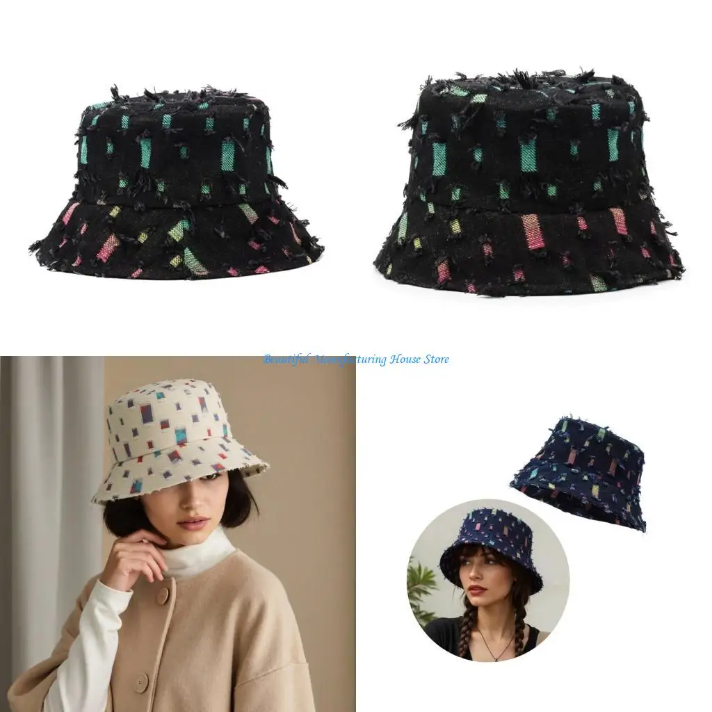 

E56A Ripped Fisherman Hat Distressed Wash Color Foldable Sun Bucket Hat For Travel
