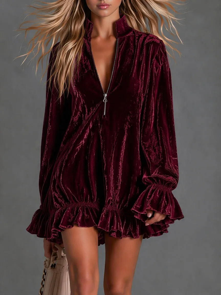 Autumn Winter New Fashion Velvet Retro Dress Women's Half-zip Stand-up Collar Trumpet Lotus Leaf Long-sleeved Loose Doll Skirt