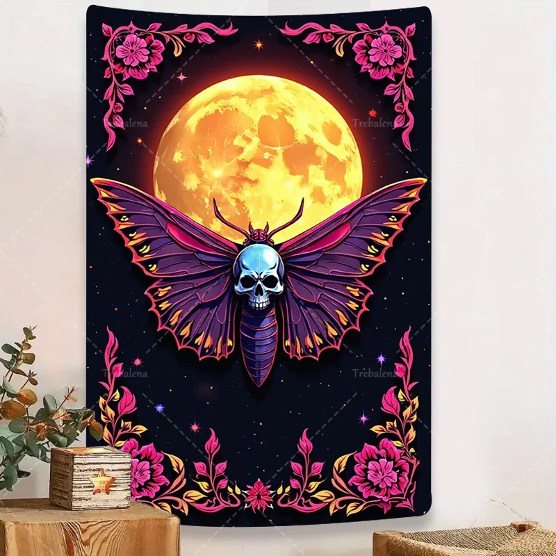 

1pc Wall Tapestry Gothic Skull Butterfly Tapestry with Full Moon and Floral Border for Wall Decor