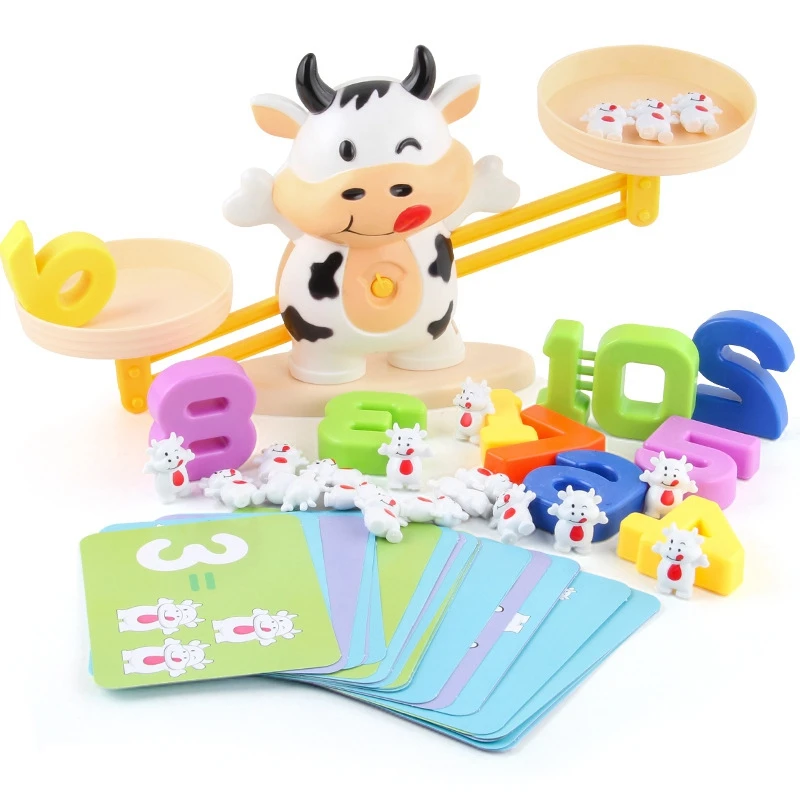 

Math Match Toy Cow Balancing Scale Preschool Number Balance Toys Baby Educational Learning Board Game Gift