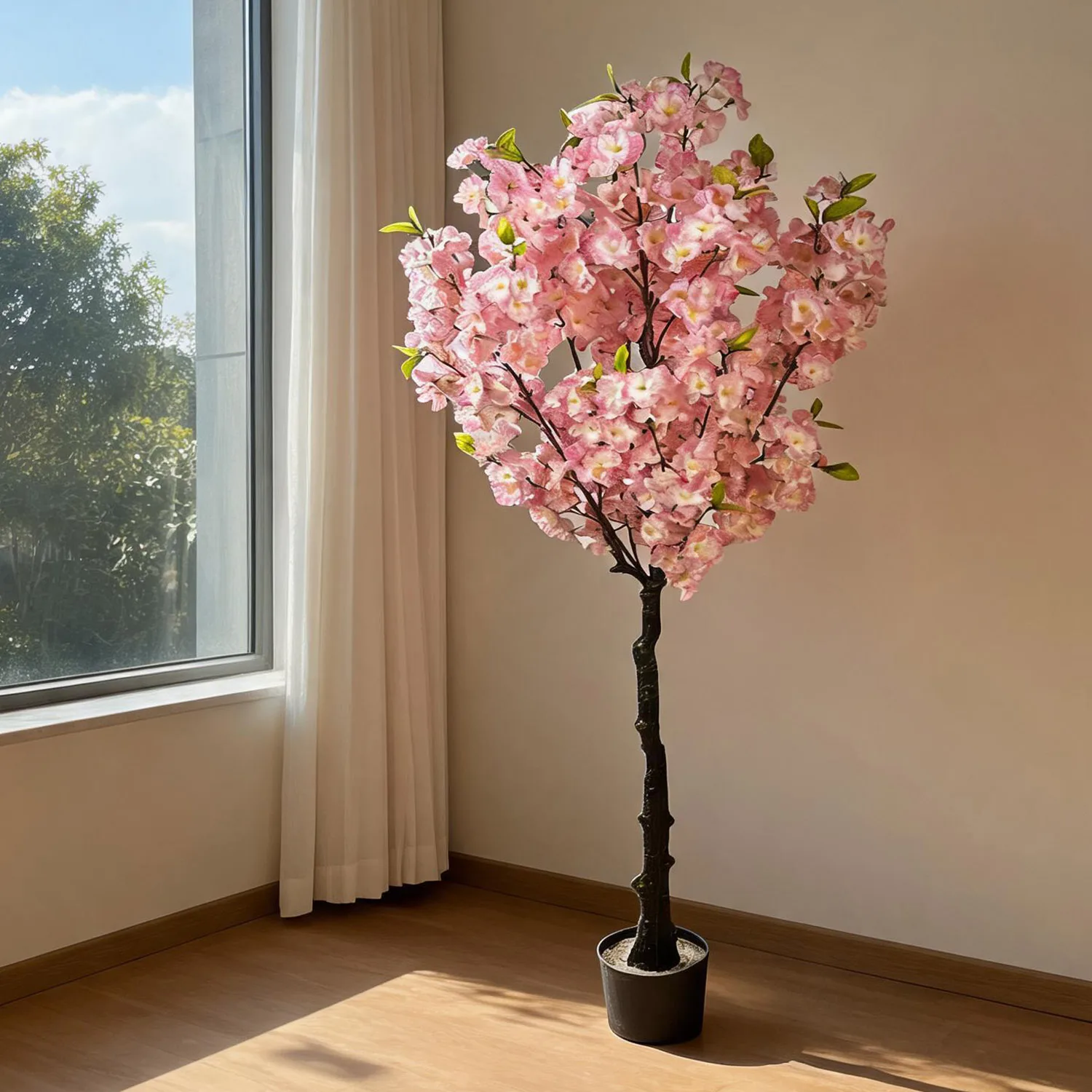 Image of Realistischer künstlicher Kirschblütenbaum - Rosa Seidenkirschblüten - 120cm/150cm, verstellbare Äste, moderner Kunststofftopf, künstliche grüne Pflanze - Dekoration für Zuhause/Büro/Hochzeit