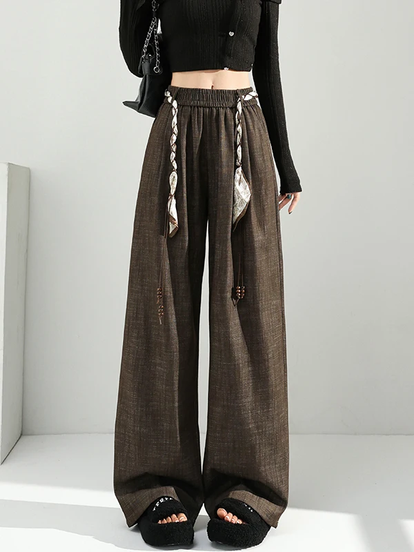 Retro jedwabna apaszka, spodnie dżinsowe z szerokimi nogawkami, damskie luźne spodnie z elastyczną wysoką talią, codzienne spodnie proste do ziemi.