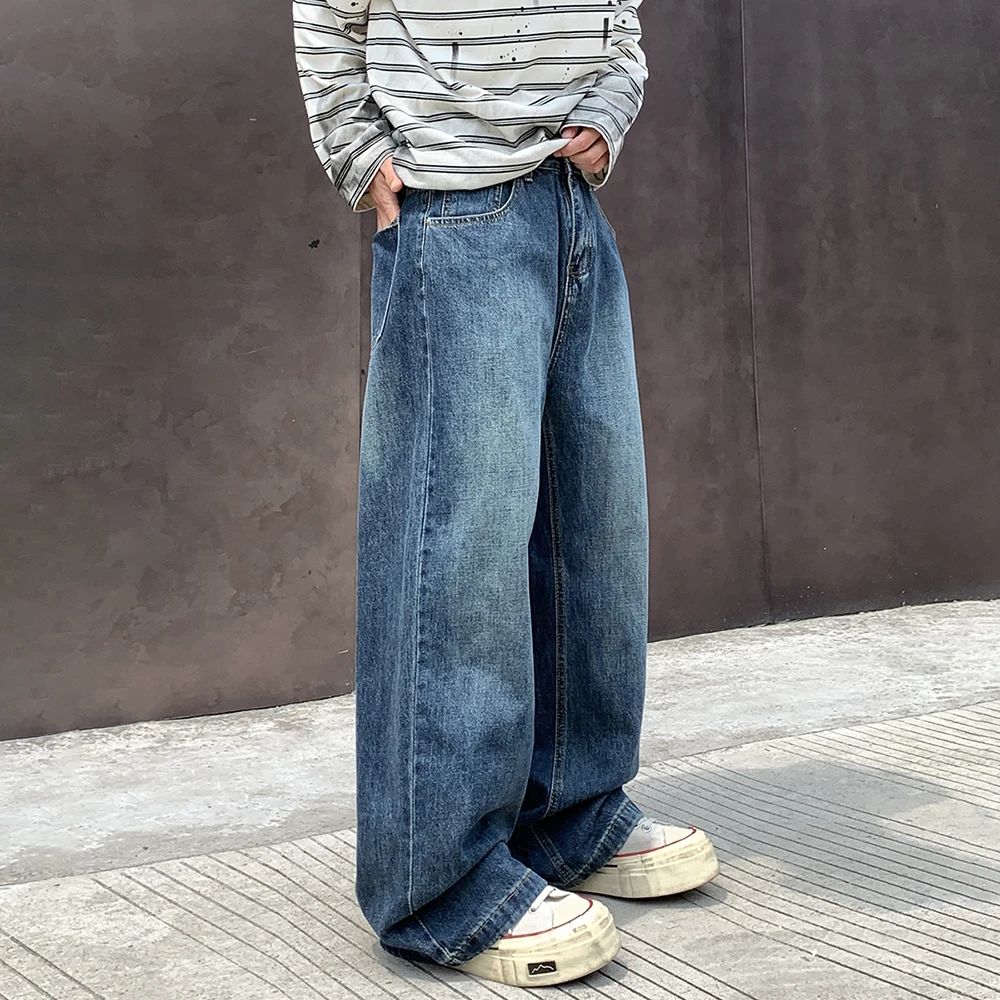 Vaqueros americanos retro azules para hombre, pierna recta, corte holgado, pierna ancha, versátiles, informales y de moda, con una sensación colgante y relajada