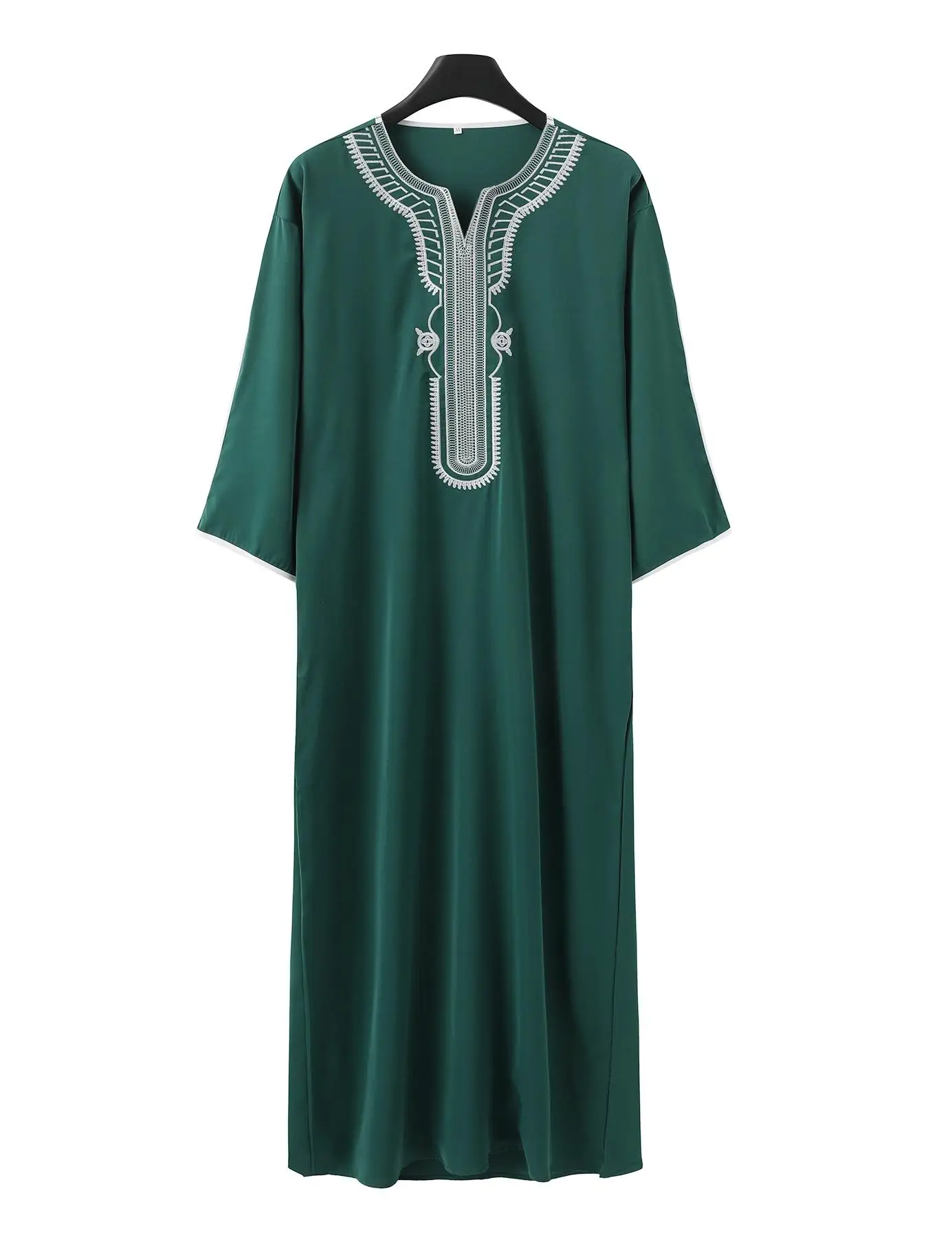 Green Embroidered African Middle Eastern Muslim Men's Overhead Long Robe Traditional Worship Clothing Ethnic Style