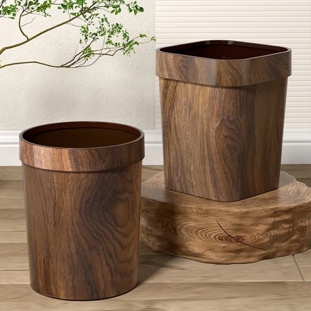 Aesthetic 12/14L Uncovered Trash Can Wood Grain Plastic Garbage Container Bin Modern Marble Pattern Living Room Dustbin Bathroom