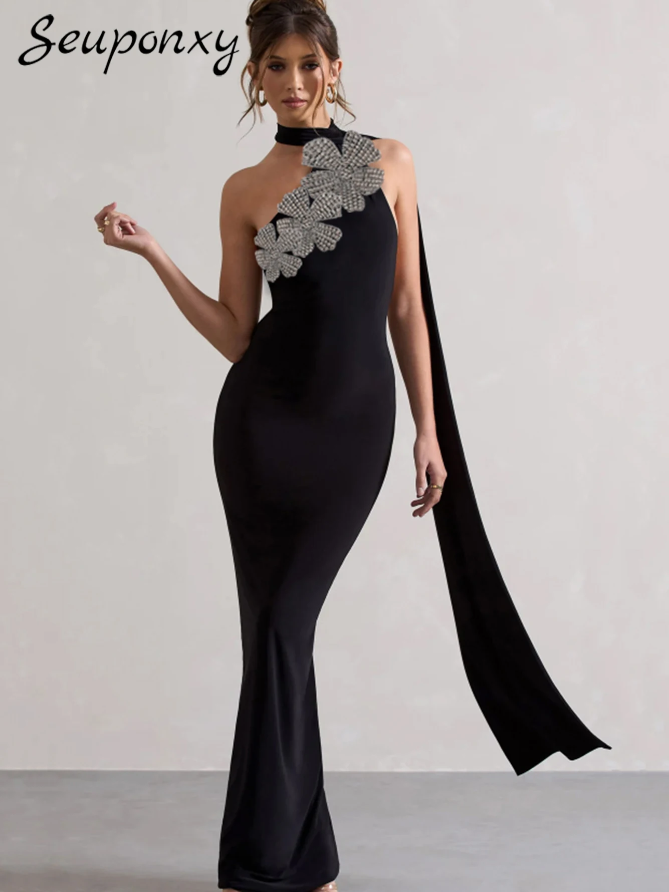 

High Quality Women'S Black Sexy Hanging Neck Sleeveless Backless 3D Flower Bandage Maxi Dress Elegant Evening Party Dress