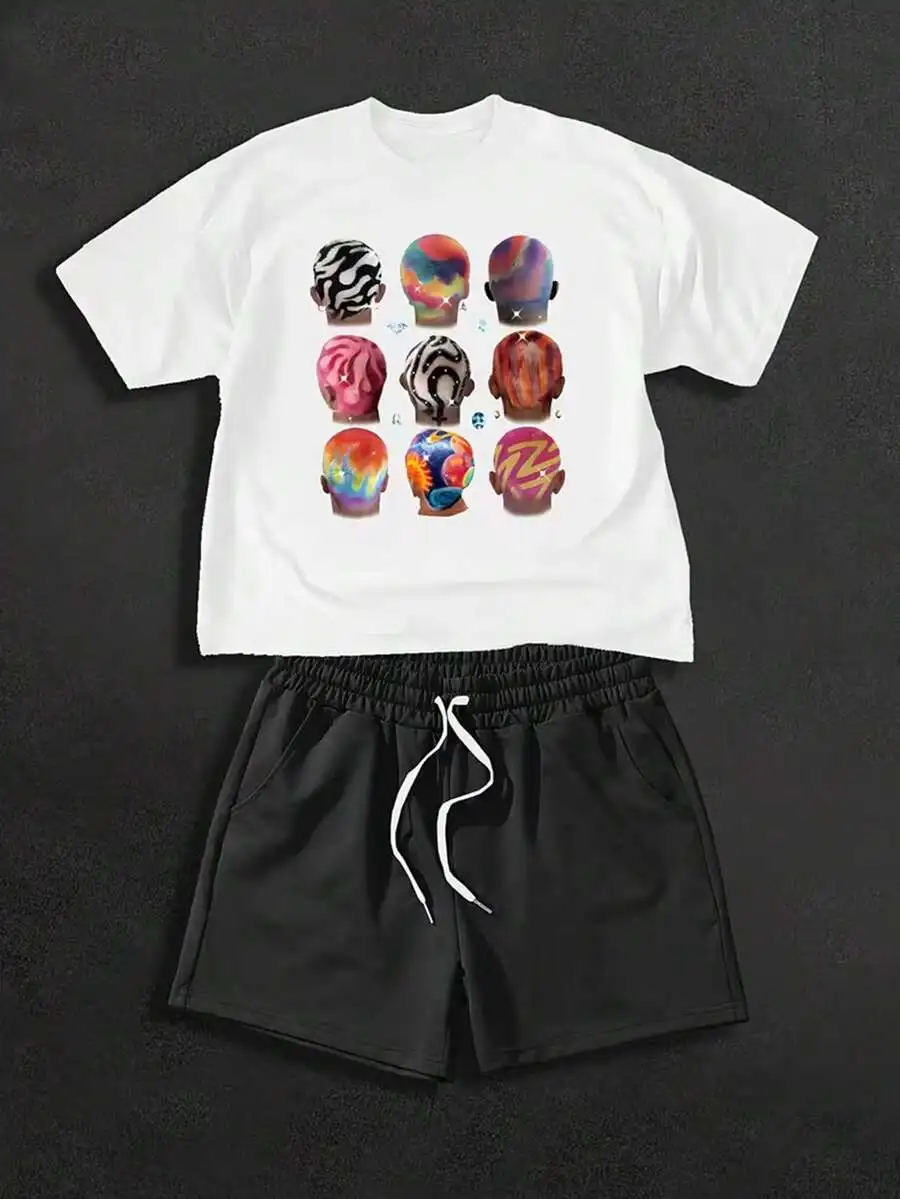 

Cotton Crew Neck T-Shirt And Drawstring Polyester Shorts Set For Summer Casual Wear