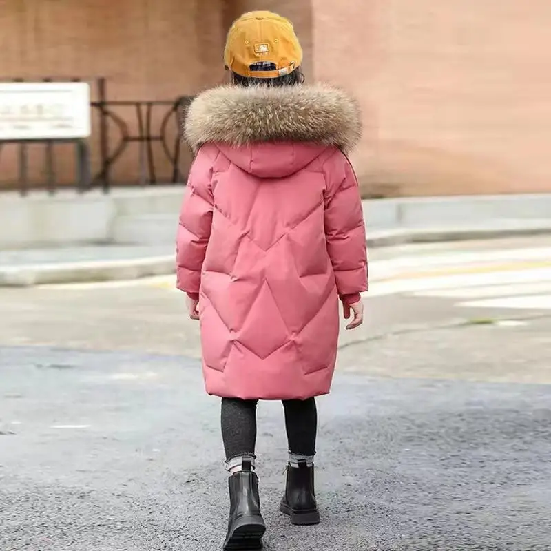 الشتاء الفتيات أسفل معطف الأطفال الفراء طوق جاكت مزود بغطاء للرأس المراهقين نمط طويل موضة ملابس خارجية الاطفال رشاقته الدافئة سترات 5-14Y