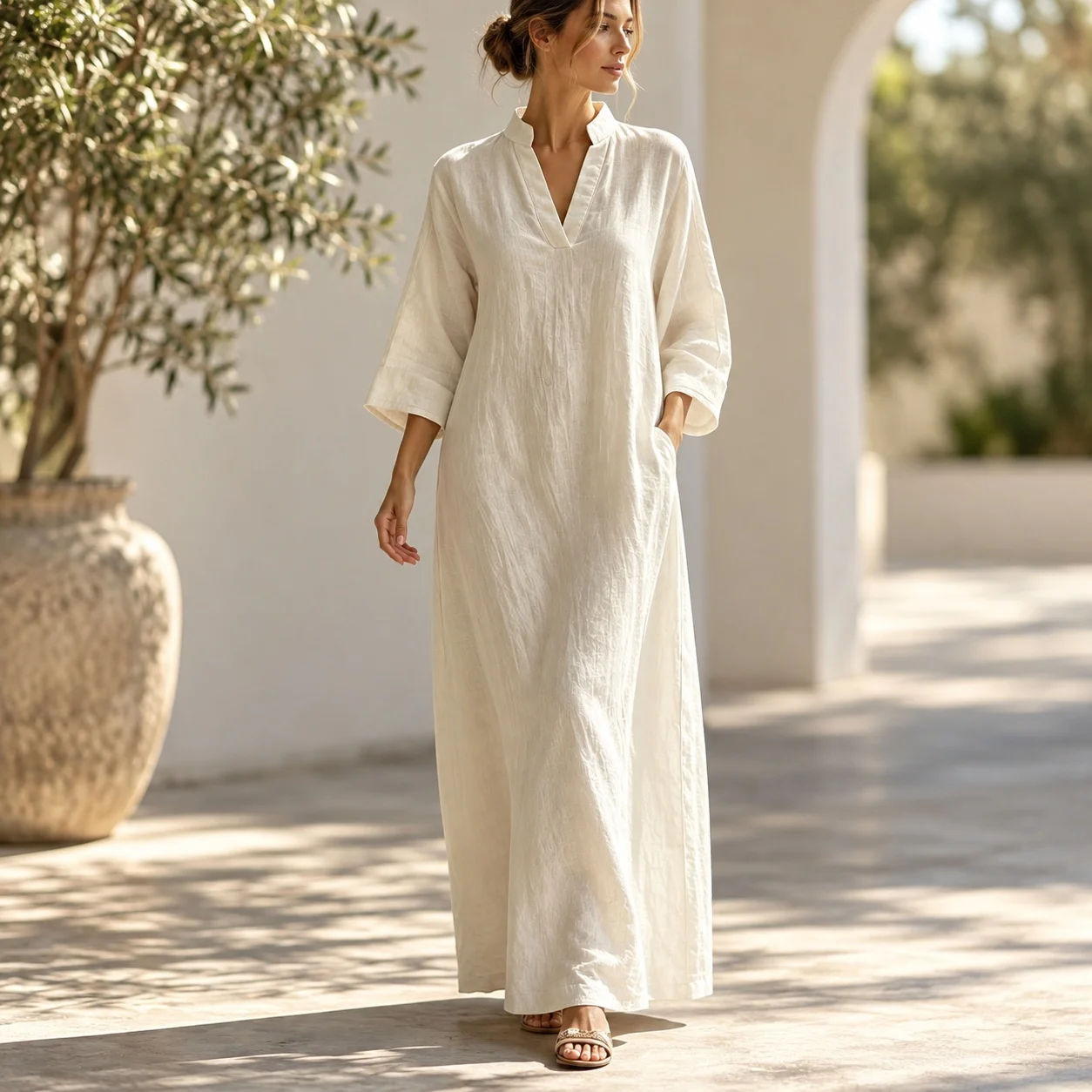 Loose Fit Stand Collar Dress Elegant and Refined with Loose Waist Commuter Chic Three Quarter Sleeve Long Dress Summer for Women
