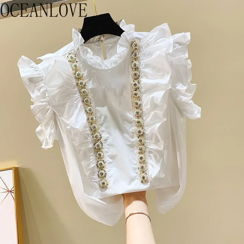 OCEANLOVE Ruffles Women Shirts&blouses Beading Vintage Korean Fashion Elegant Blusas Feminina Spring Summer Elegant Camisas