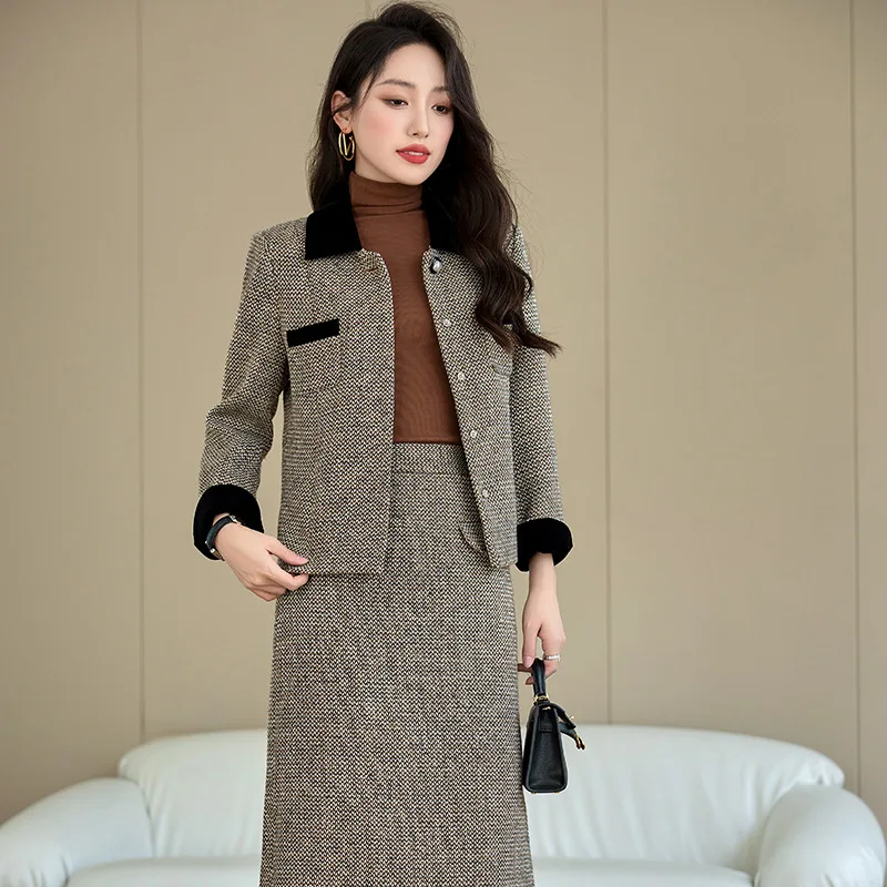 Fashion Women Dress Suit Jacket Autumn and Winter2024New High-Grade Casual Short Temperamental Brown Suit