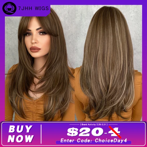 7JHHWIGS Peluca rubia miel con flequillo Pelucas largas marrones para mujeres, pelucas sintéticas en capas resistentes al calor para uso diario