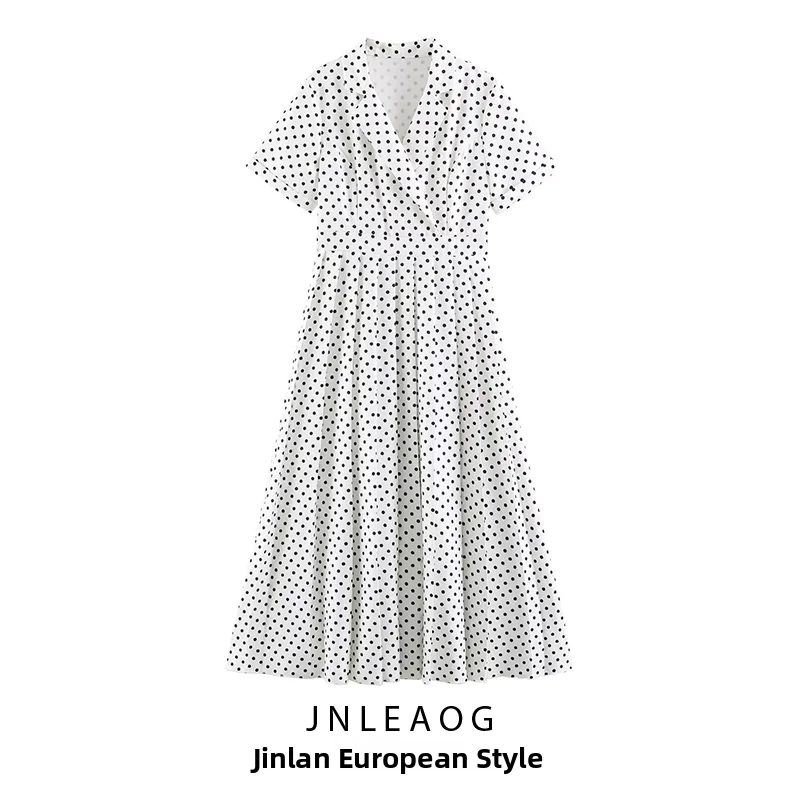 JNLEAOG Summer New Women's Fashion Simple Match Plaid Pleated Long Dress Suit Casual A-Line Skirt Polyester Fiber Short Sleeve