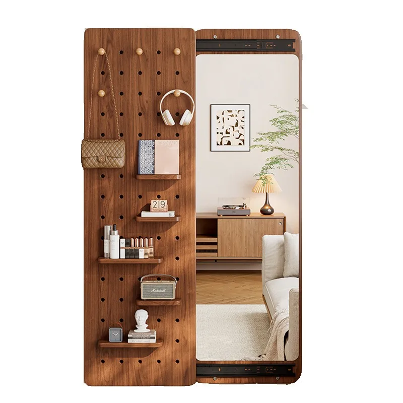 Solid Wood Hidden Pull Out Storage Mirror with Cabinet Wall Mounted Entryway Full Length Dressing Gown Organizer Wall Peg Board image 5