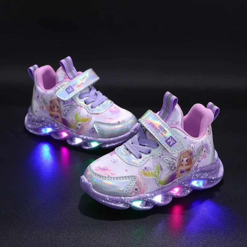 New Cartoon Flashlight Children\'s Leisure Sports Shoes Soft Sole Comfortable Baby Girls\' LED Light Shoes Pink Purple