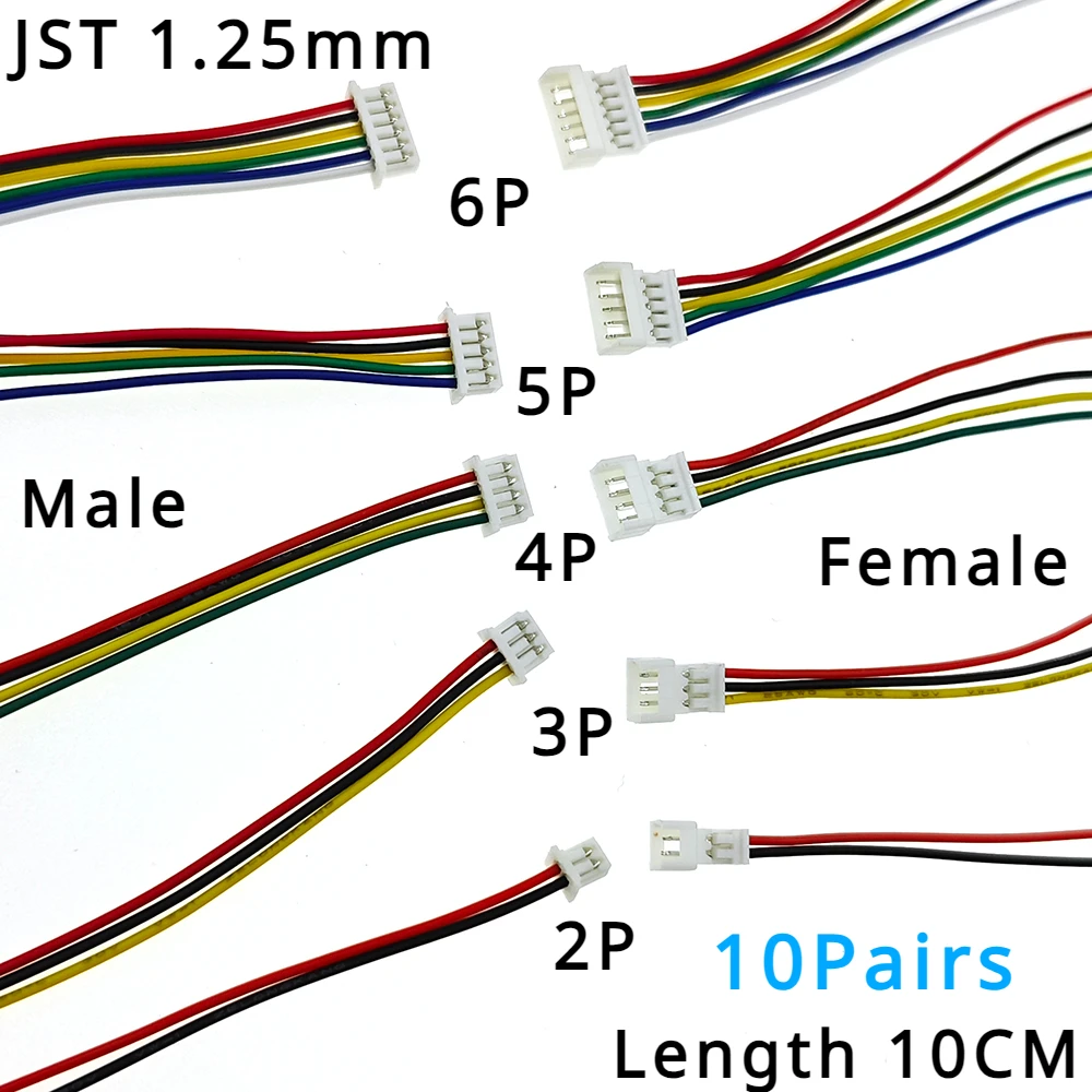 

10Pairs JST 1.25 Male Female Wire Connector Pitch 1.25mm 2P 3P 4P 5P 6P JST Plug Jack Terminal Cable Connector Length 10CM