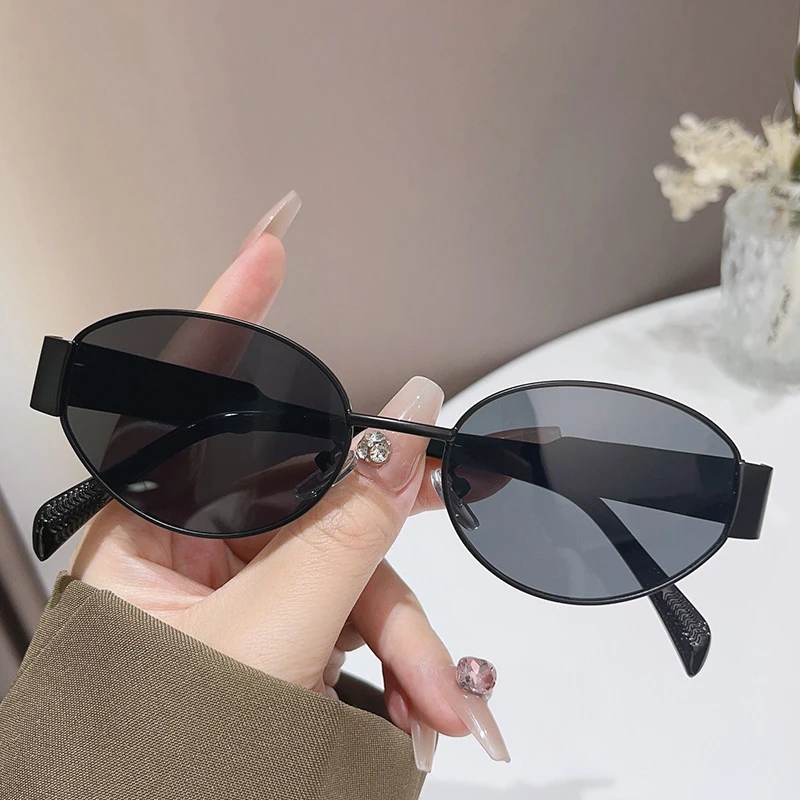 Trendy Oval Sunglasses for Women 2024 Luxury Brand Designer Metal Frame Sun Glasses Ladies Classic Vintage Round Shades Unisex