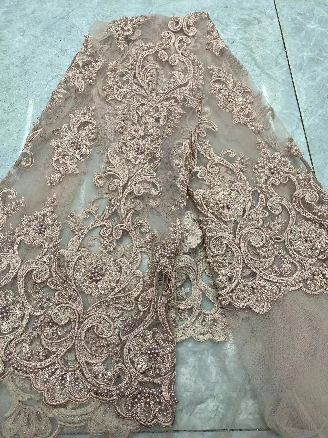 Hand-stitched stone embroidery fabric French mesh tulle/bead African Nigeria lace fabric wedding/evening dress/DIY design fabri