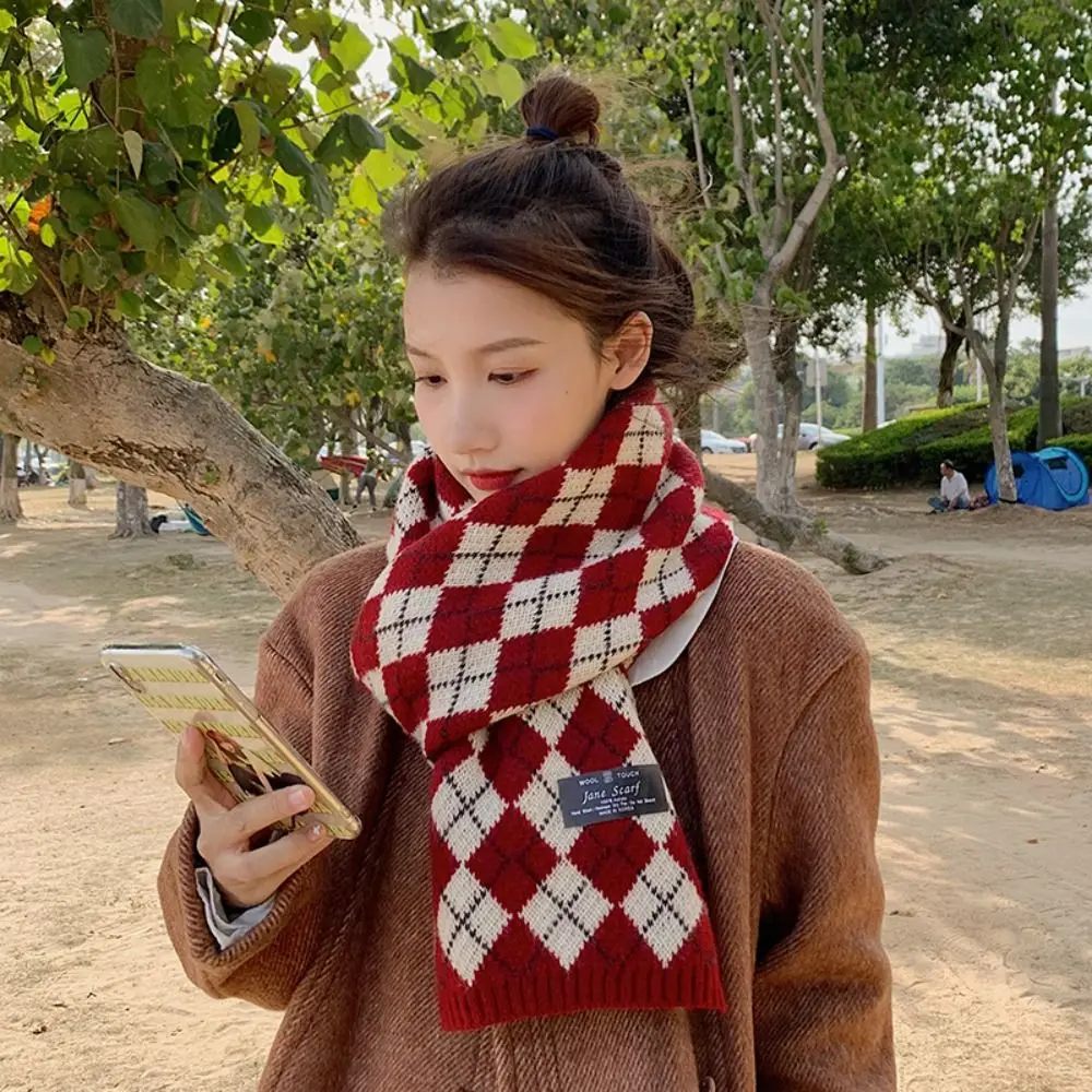 패션 한국 스타일 다이아몬드 체크 스카프 두꺼운 방풍 Y2K 체크무늬 스카프 롱 플래드 겨울 캐시미어 숄 여성/남성용