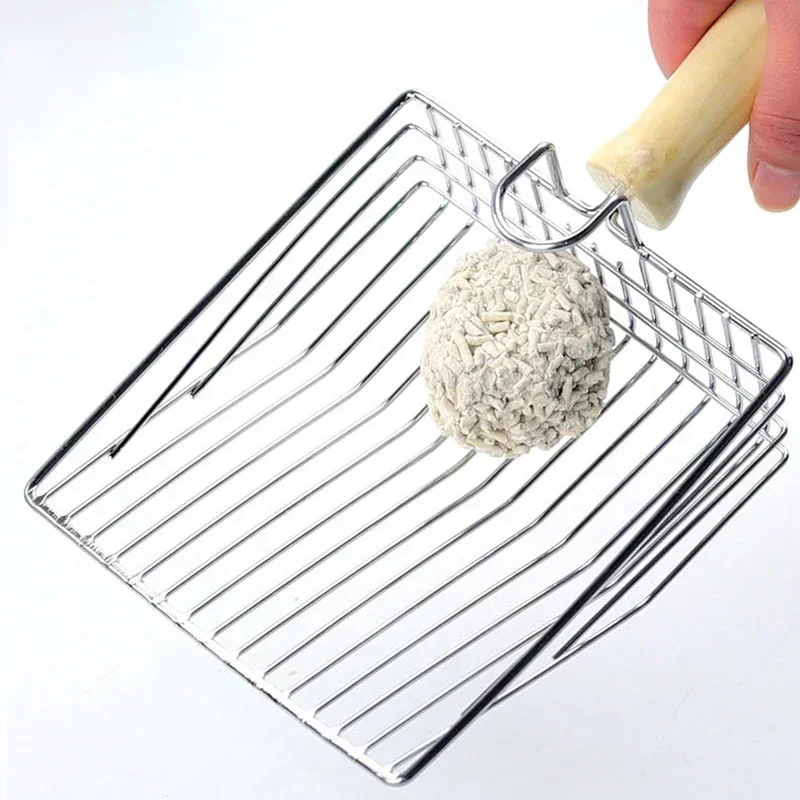 Portable Stainless Steel Sifting with Wood Handle Cat Litter Shovel Metal Scooper with Hook Kitten Toilet Cleaning Tool