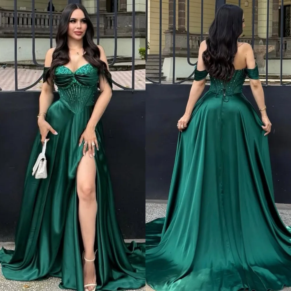 فستان سهرة أنيق من الساتان الأخضر مخصص كلاسيكي بدون حمالات قبالة الكتف فستان حفلة موسيقية بأربطة من الخلف فساتين مناسبة مخصصة