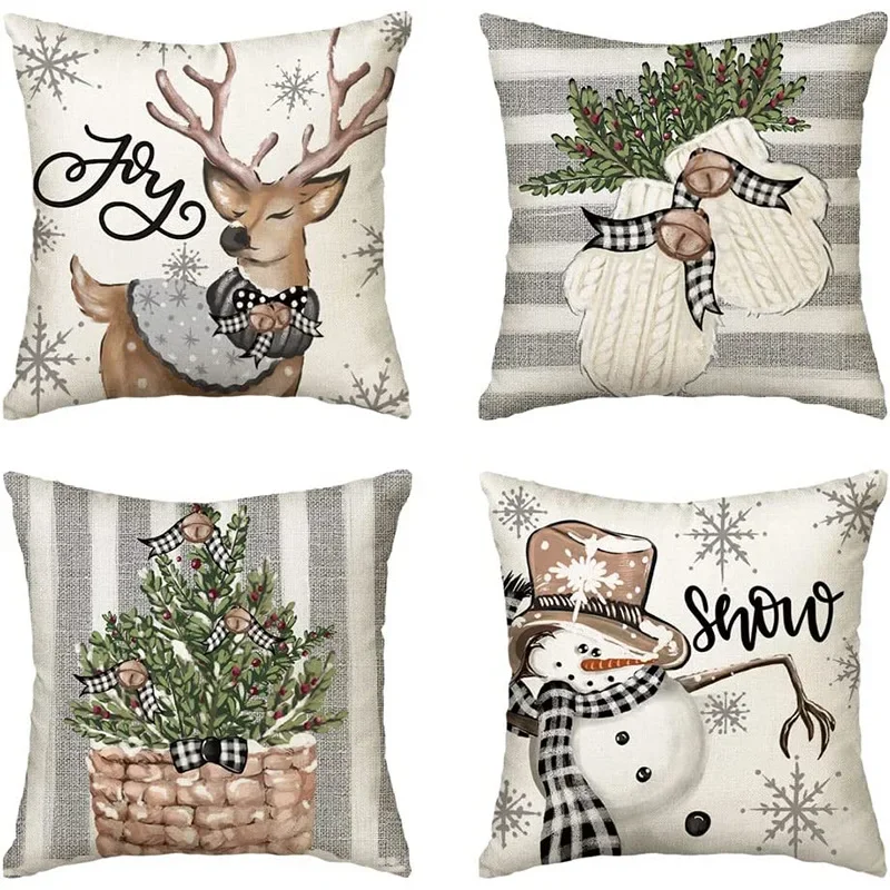 Merry Christmas Decor Cushion Cover 45x45 cm Pillow CaseCartoon Reindeer Santa Claus Printed Throw Pillowcase Linen Pillow Cover