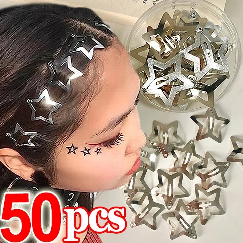 Pinzas para el pelo de Estrella de Plata Y2K para niñas, 2/50 piezas, estrella de filigrana, Clip a presión de Metal, horquillas, pasadores, joyería