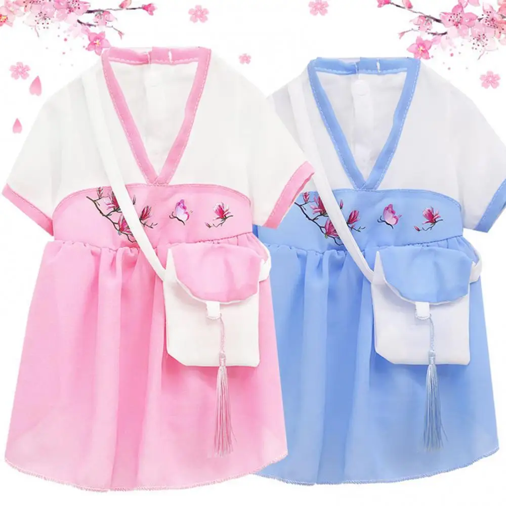 Spring Summer Dog Dresses Fashion Chinese Style Cat Dog Skirt With Small Bags Cotton Two-legged Soft Puppy Dress Pet Clothes