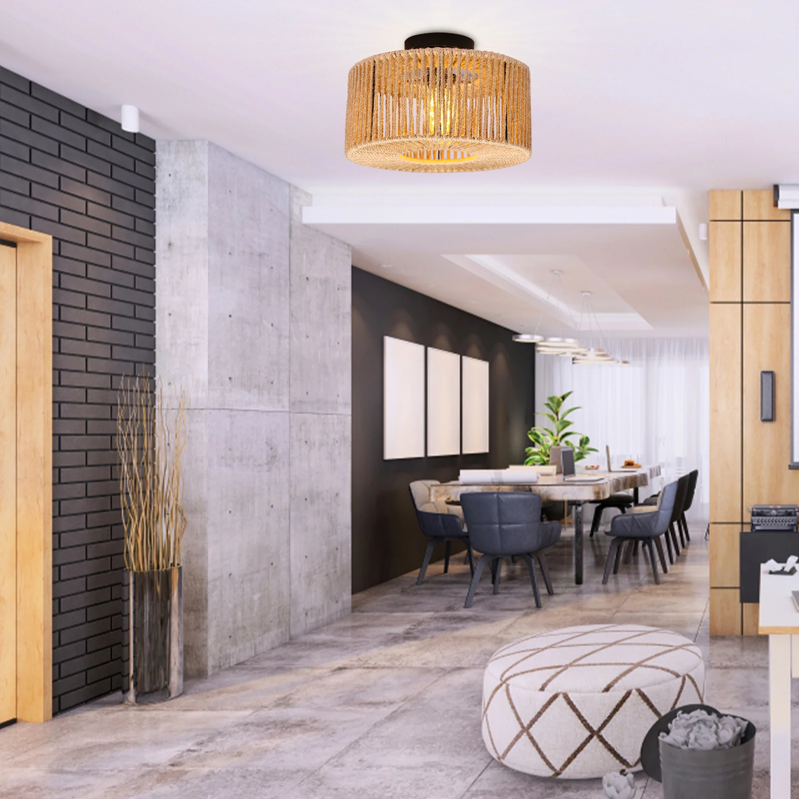 Round Ceiling Light Farmhouse Vintage Semi Flush Mount Rattan Woven Pendant Lamp for Kitchen Living Room Hallway