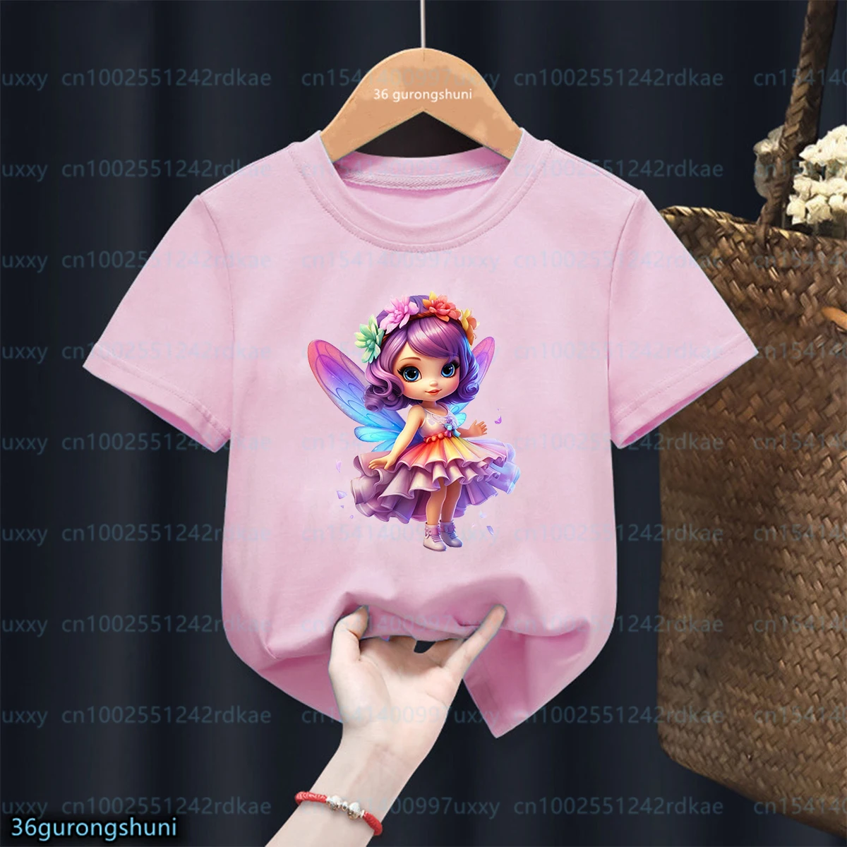 Conto de fadas borboleta impressão gráfica camisetas para meninas, camisetas Kawaii meninas, tops rosa de manga curta, moda feminina, Harajuku