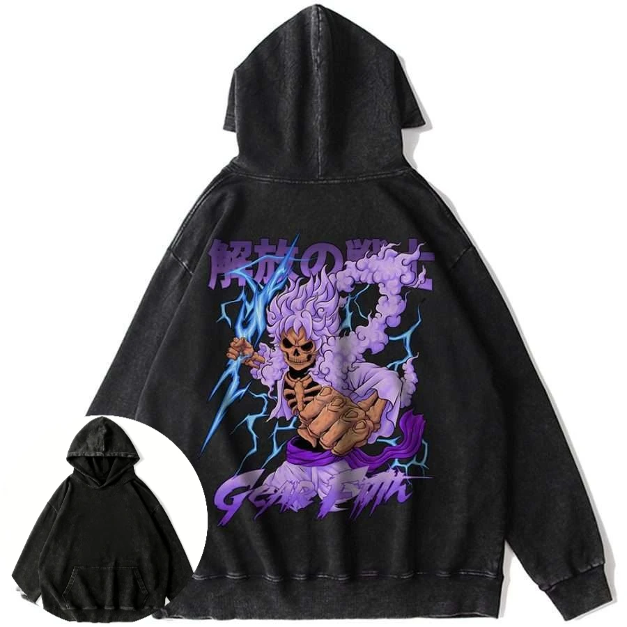 

Mens One Piece Anime Vintage Cotton Hoodie Purple Haired Skeleton Character with Blue Lightning Back Print Casual Long Sleeve