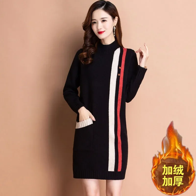 ﻿   Plus Velvet Thickened Med Long Sweater For Women New Loose 2024 Hip Hugging Knitted Base sweter Pullover Dzianinowa wełniana koszula