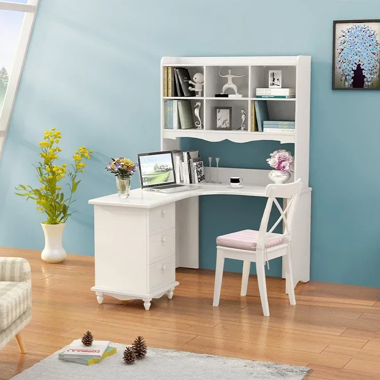 

2026 French Style Luxury Study Desk with Hutch Shelves Bookshelf Design for Girls Wood L Shape Corner Computer Home Table