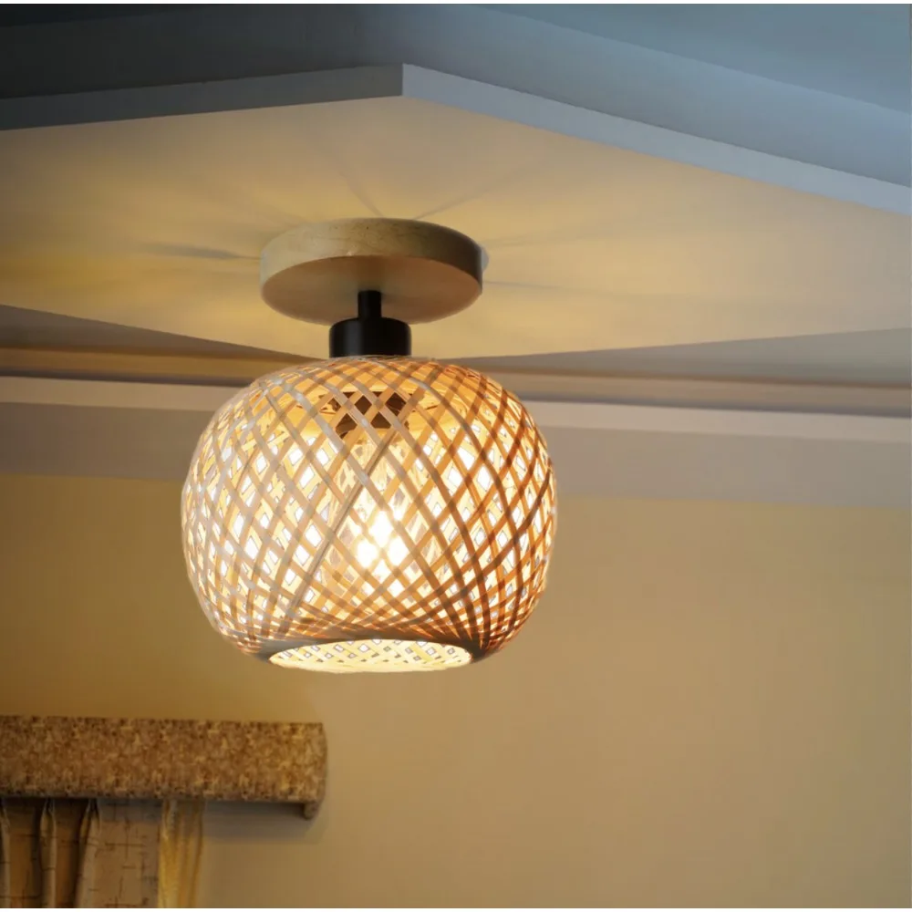 Rustic Bamboo Ceiling Light Flush Mount Lampshade Hand Woven Indoor Light Fixtures  Ceiling Lamp for Living Room Dining Room