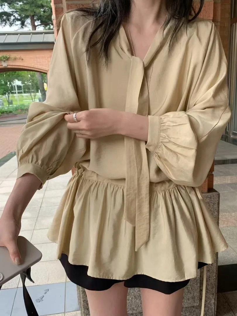 تصميم كوري Sle مربوط بشكل حلو على الخصر ثنيات Dr للسيدات تصميم خريفي أبيض irt طويل Sve للفتيات متعدد الاستخدامات Dr