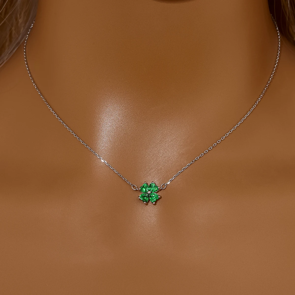 Four Leaf Clover Pendant Necklace With 4 Stone 4MM Heart Cubic Zirconia,Solid 925 Sterling Silver Necklace 16''+2'' 6170047