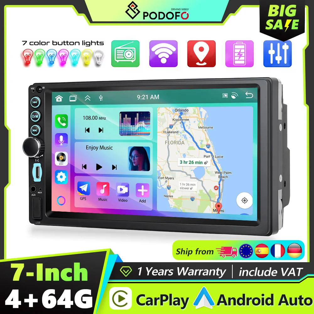 Podofo 2din 4+64G Auto-Multimedia-Player Carplay/Auto Mirror Link 7'' Universal Autoradio Stereo unterstützt Rückfahrkamera FM/RDS