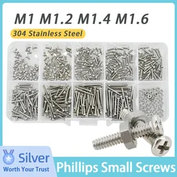 M1 M1.2 M1.4 M1.6 Small Screws Stainless Steel Glasses Watch Screw Nuts Set Phillips Cross Round Head Motherboard PCB Bolts Kit