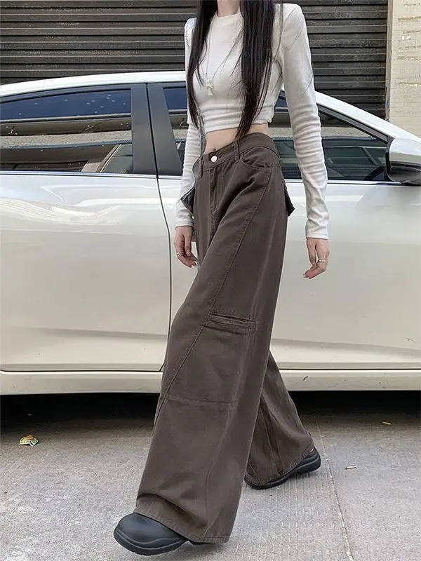 

High Waist Wide Leg Denim Jeans Women's Casual Style Coffee Color Slimming Loose Straight Cut Pants for Young Ladies