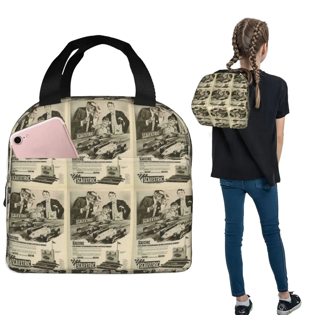 Scalextric (4 Anuncios) Bolsa térmica para el almuerzo para mujeres y niños, cajas de comida portátiles, bolsa térmica para el almuerzo