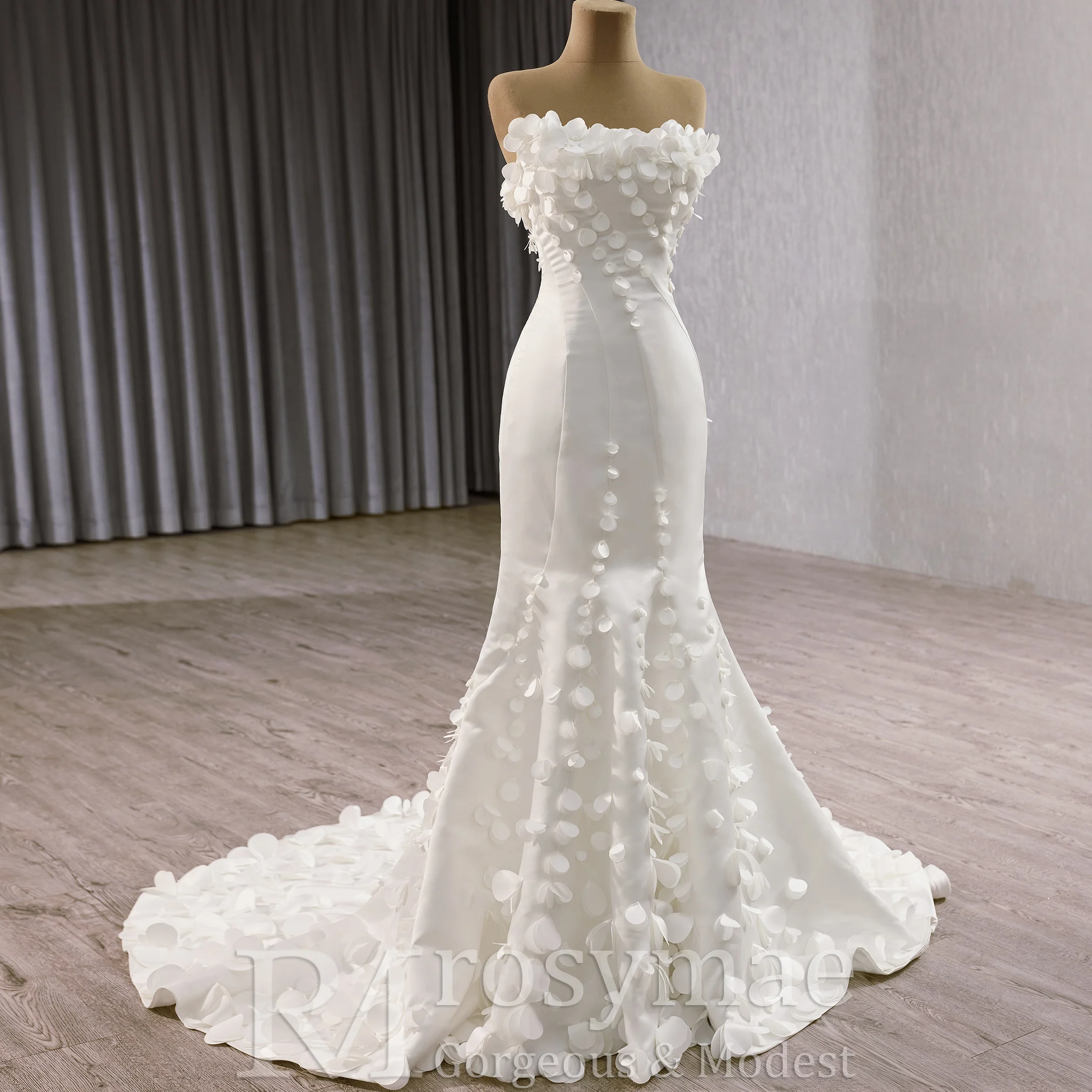 Rosymae Luxury Satin Mermaid Wedding Dress with Detachable Sleeves Elegant Long Gown for Brides amanda.novias