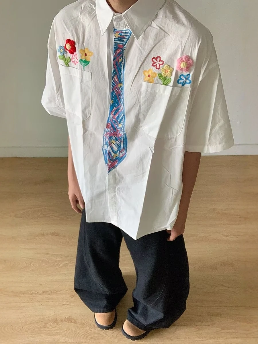 

American Hand-Painted fiti Men's irt Summer Trendy Design ort Sve Floral Print Loose Fit Casual Button-Up Top