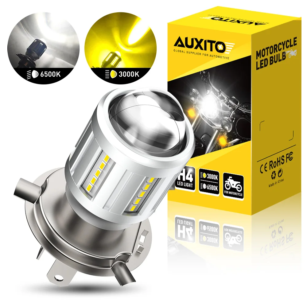 AUXITO 1Pcs LED H4 Motorcycle Headlight With Lens Motorbike Scooter Running Light Bulb 12V Dual Color 6500K 3000K Hi Lo Beam CSP