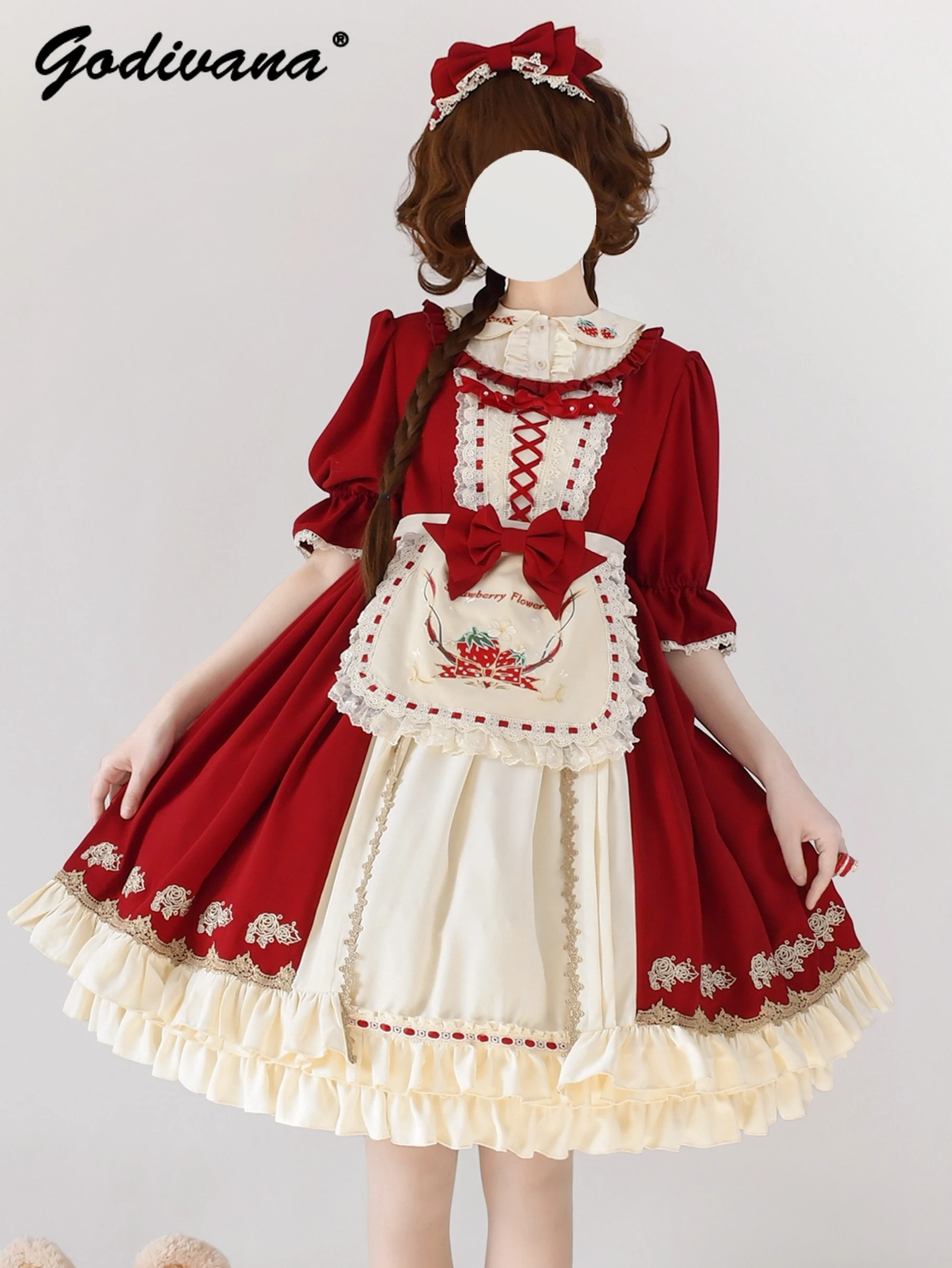 Original New Lolita Strawberry Embroidered New Year's Dress Sweet Cute Girls Long Sleeve/short Sleeve Christmas Red OP Dress