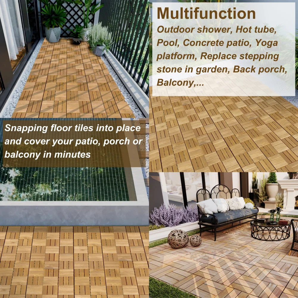 30 PCS interlocking deck tile lattice pattern, 12 "x 12" square yellow acacia hardwood outdoor floor, patio, pool side