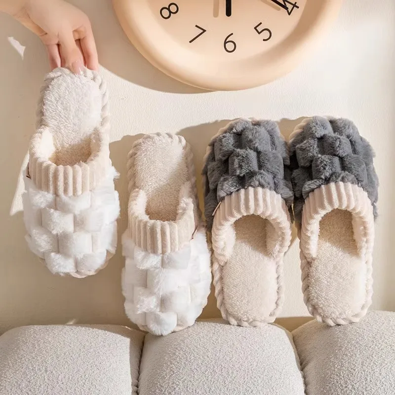 Cotton slippers for women autumn and winter indoor home household use anti slip soft sole warm couple plush slippers for men