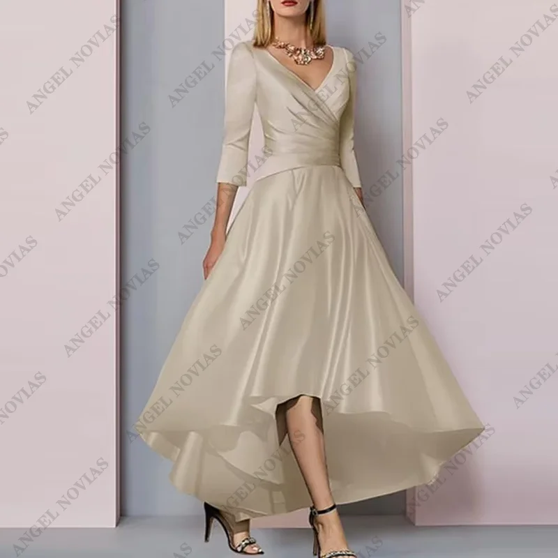 

Customized Long A-Line Mother of the Bride Dress Wedding Guest Elegant High Low V Neck Asymmetrical Satin Evening dresses 2024